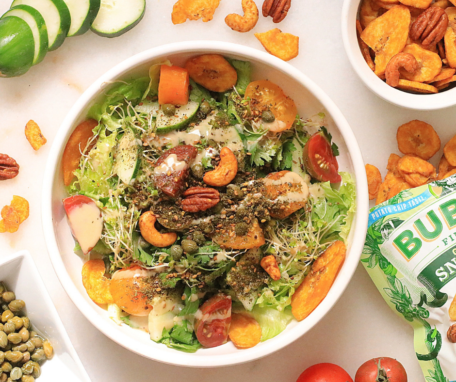 Garden Fresh Salad Topped With Bubba's Savory Snack Mix