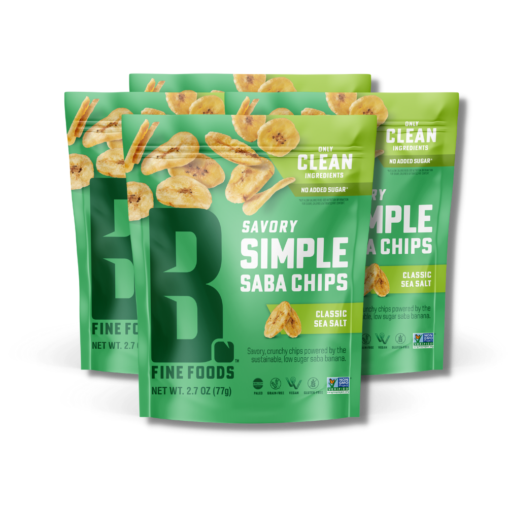 4 Backs of Saba Chips in Classic Sea Salt Flavor