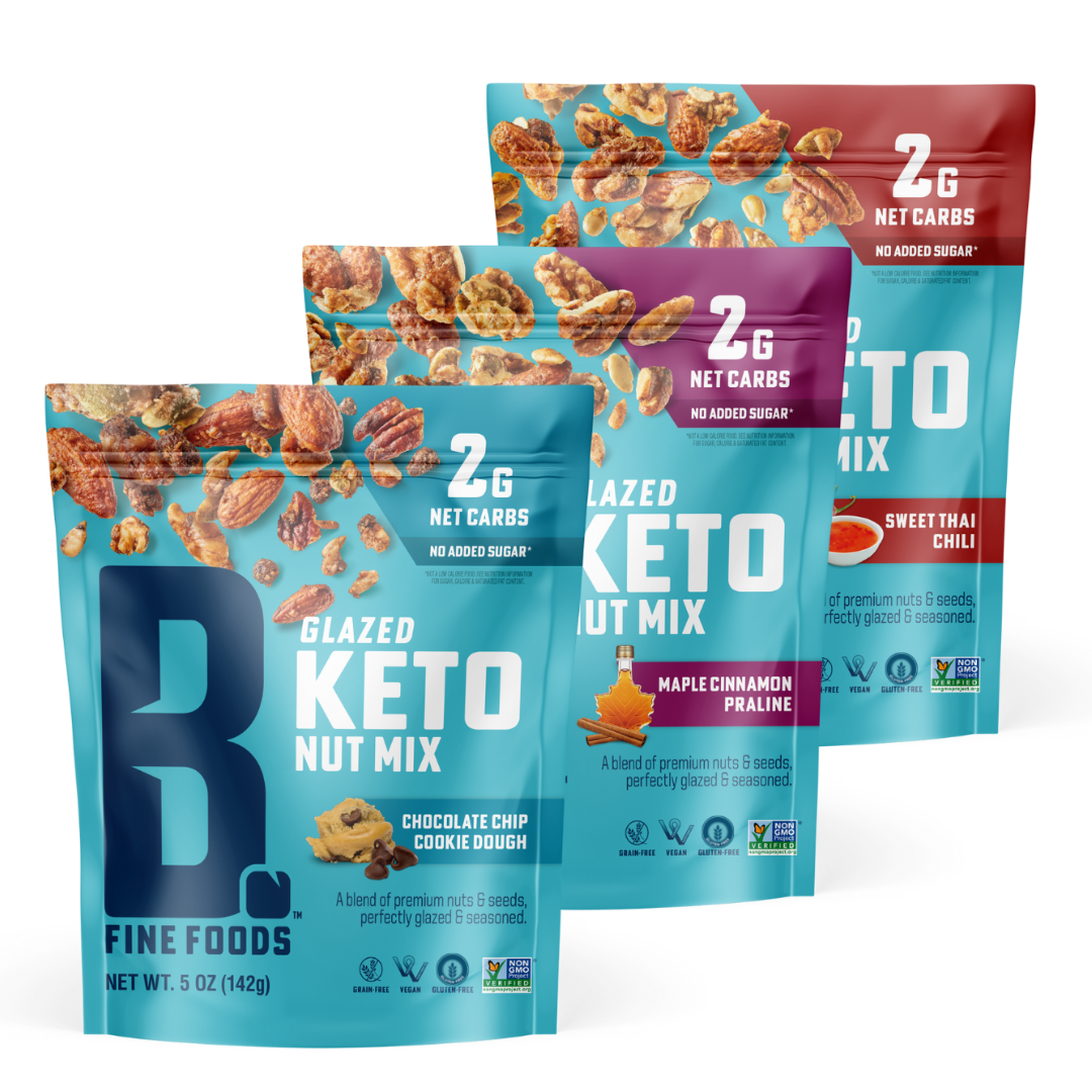 1 bag each of Chocolate Chip Cookie Dough, Maple Cinnamon Praline, and Sweet Thai Chili Keto Nut Mix