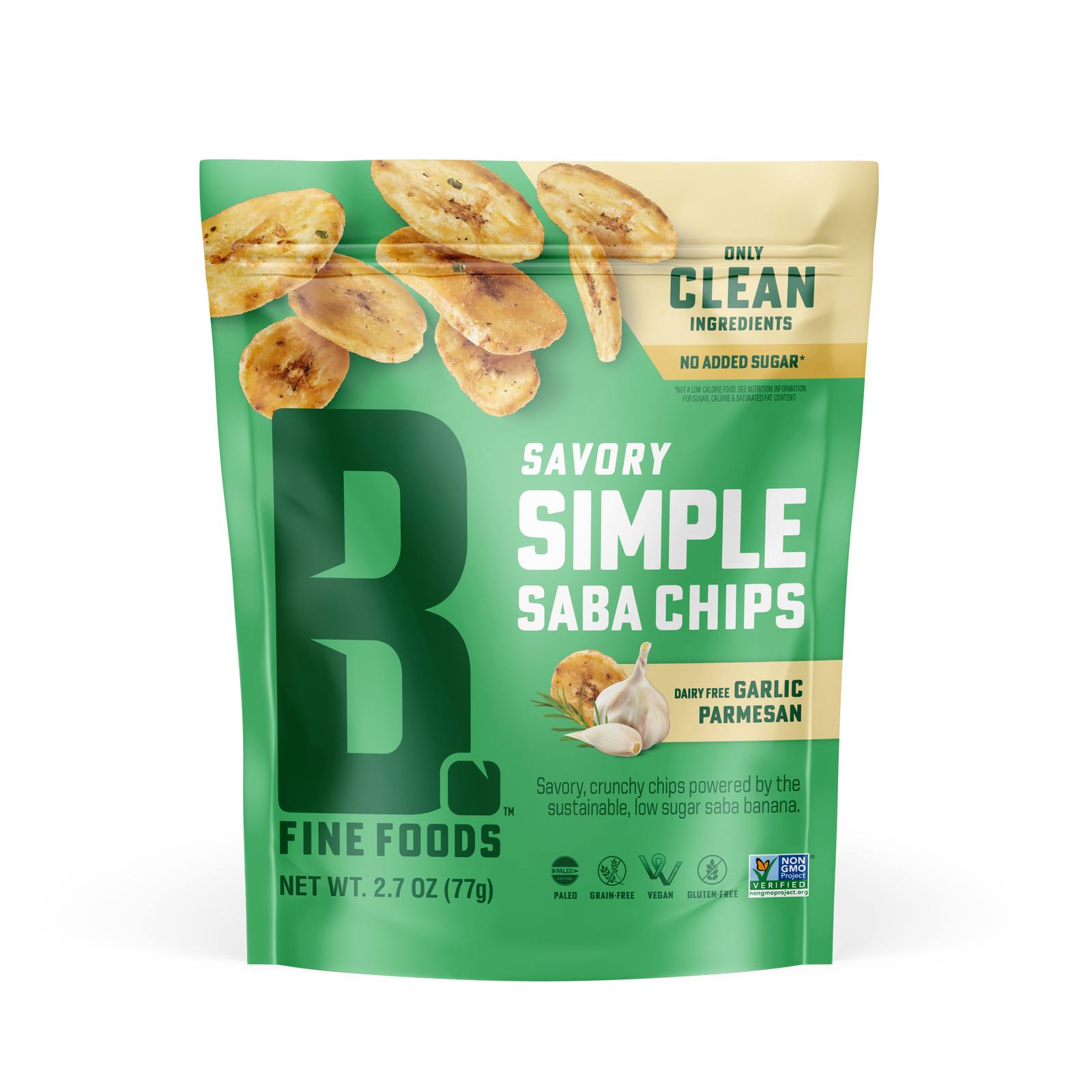 Front of Garlic Parmesan Saba Chips Bag